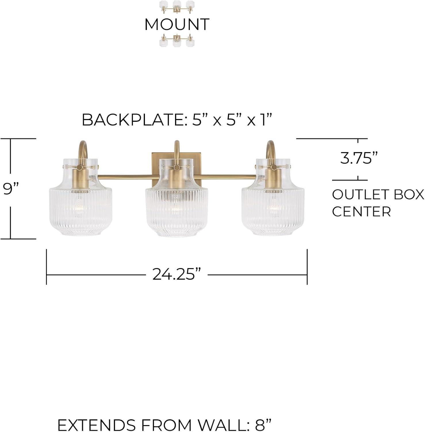 Aged Brass 3-Light Vanity with Clear Fluted Glass Shades