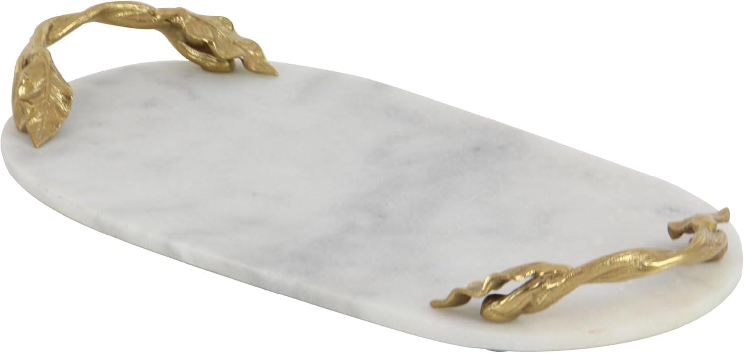 DecMode 20" x 10" White Marble Oval Tray with Gold Twisted Leaf Handles, 1-Piece