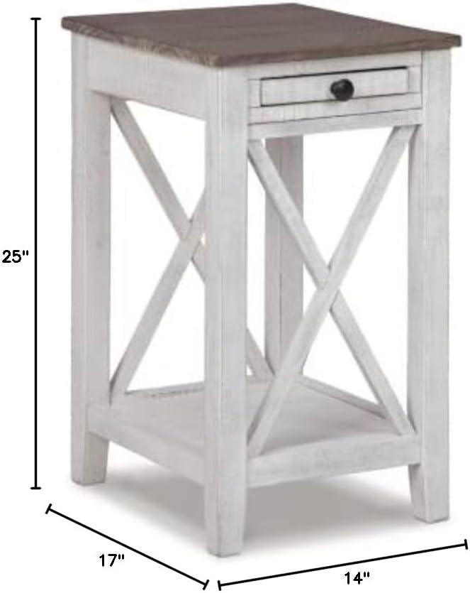 Adalane Side Table White/Gray: Vintage Crossbuck Design, USB Ports, Storage - Signature Design by Ashley