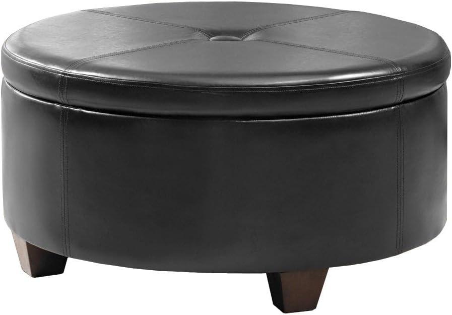 Leatherette Single Button Tufted Round Ottoman with Wooden Feet, Large, Black and Brown