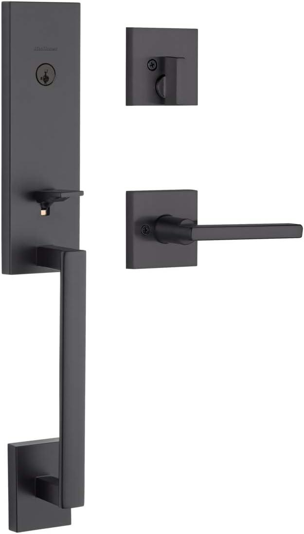 Vancouver Matte Black Keyed Entry Door Handleset with Halifax Passage Handle Featuring SmartKey Security