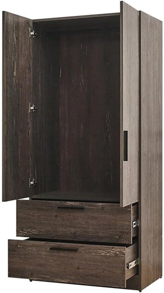 AndMakers Brook Two-Door Wood Closet with Two Drawers and Hanging Bars in Dark Brown