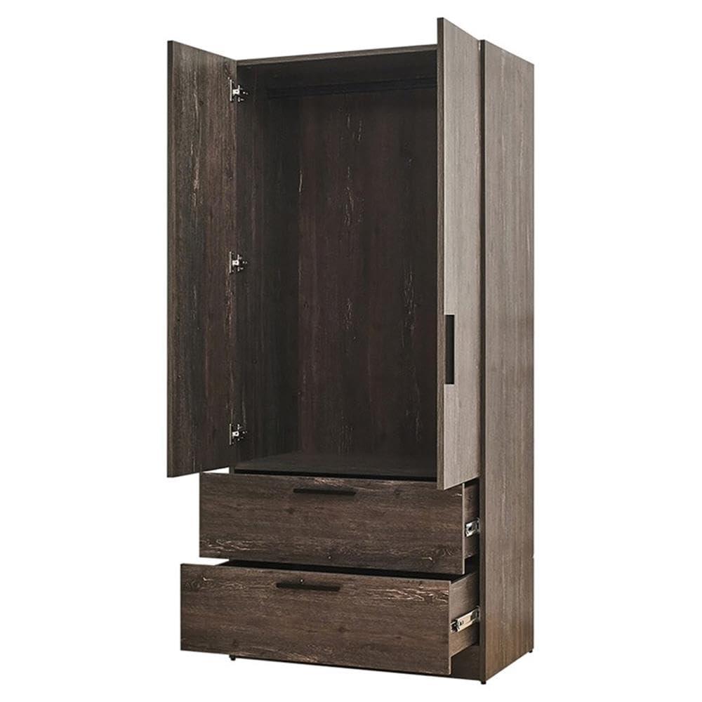 AndMakers Brook Two-Door Wood Closet with Two Drawers and Hanging Bars in Dark Brown