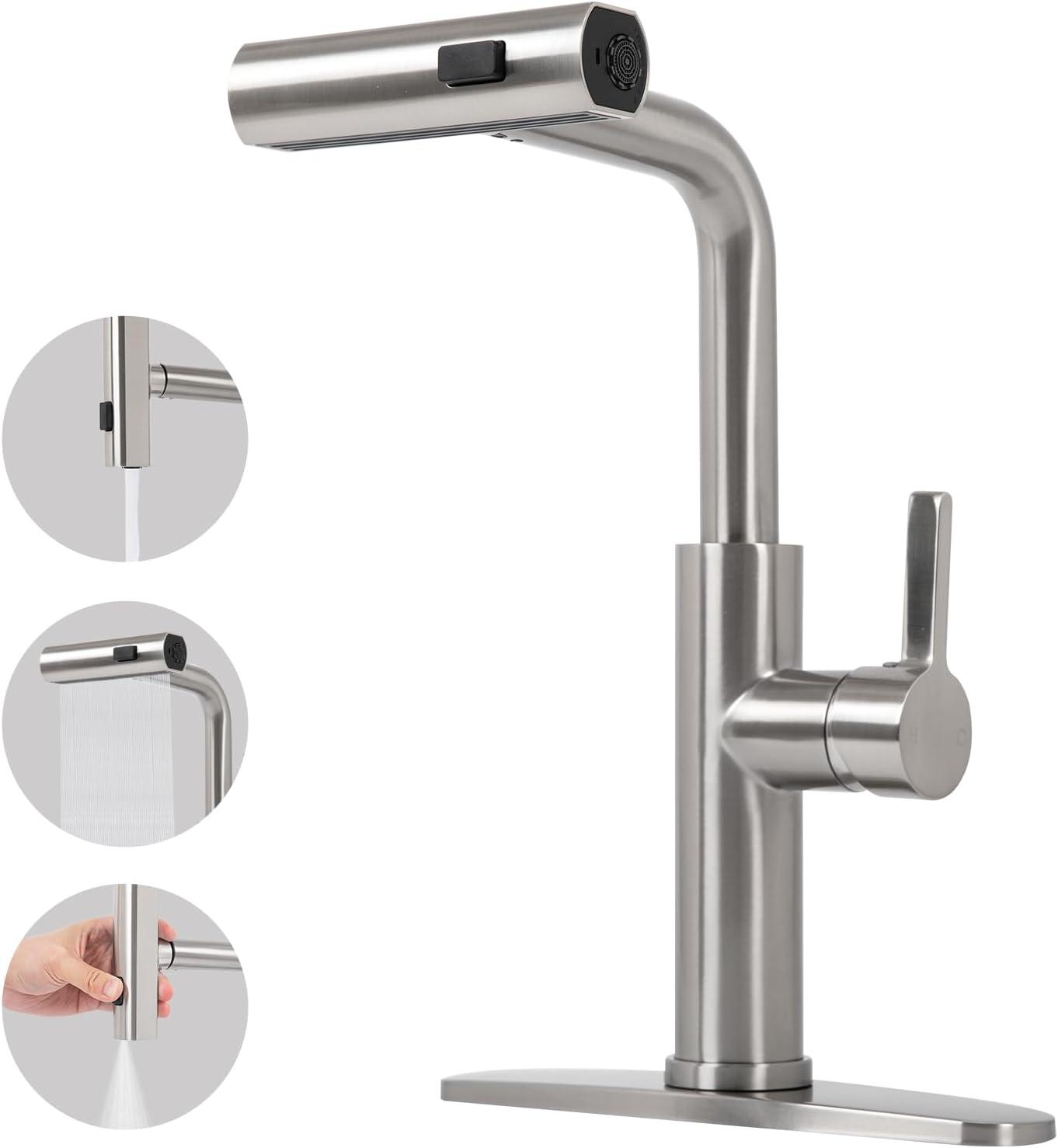 Brushed Nickel Stainless Steel Pull Down Kitchen Faucet with 3-Mode Sprayer