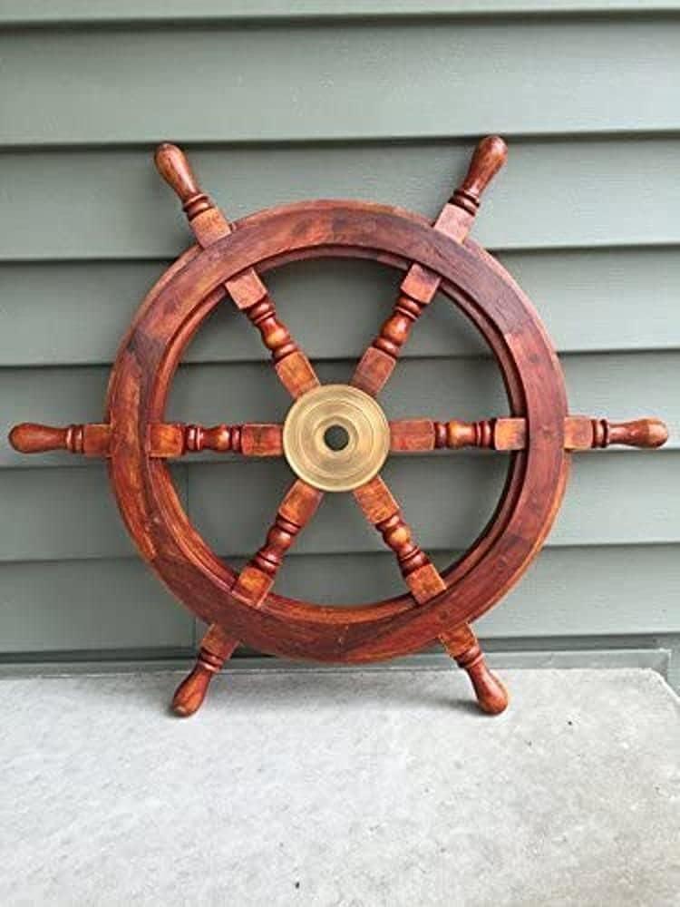 24" Dark Rosewood and Brass Nautical Ship Wheel Decor