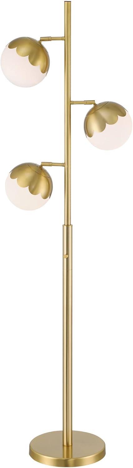 360 Lighting Kelowna Mid Century Modern 67" Tall Standing Floor Lamp Skinny Tree 3-Light Gold Metal Antique Brass Finish Living Room Globe White Shade