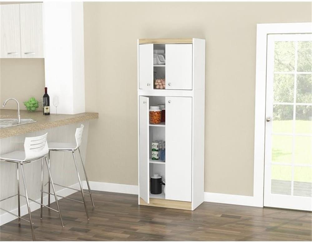 4 Doors Kitchen Storage Cabinet White/Oak - Inval: Modern Pantry with Adjustable Shelves