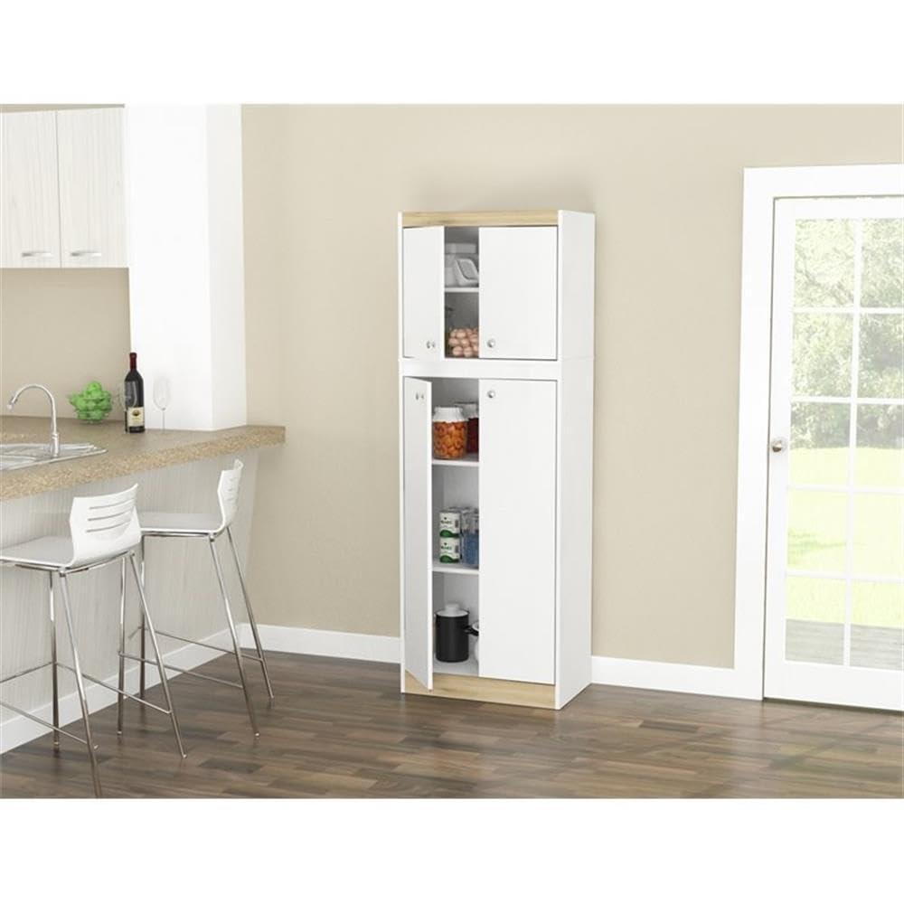 4 Doors Kitchen Storage Cabinet White/Oak - Inval: Modern Pantry with Adjustable Shelves