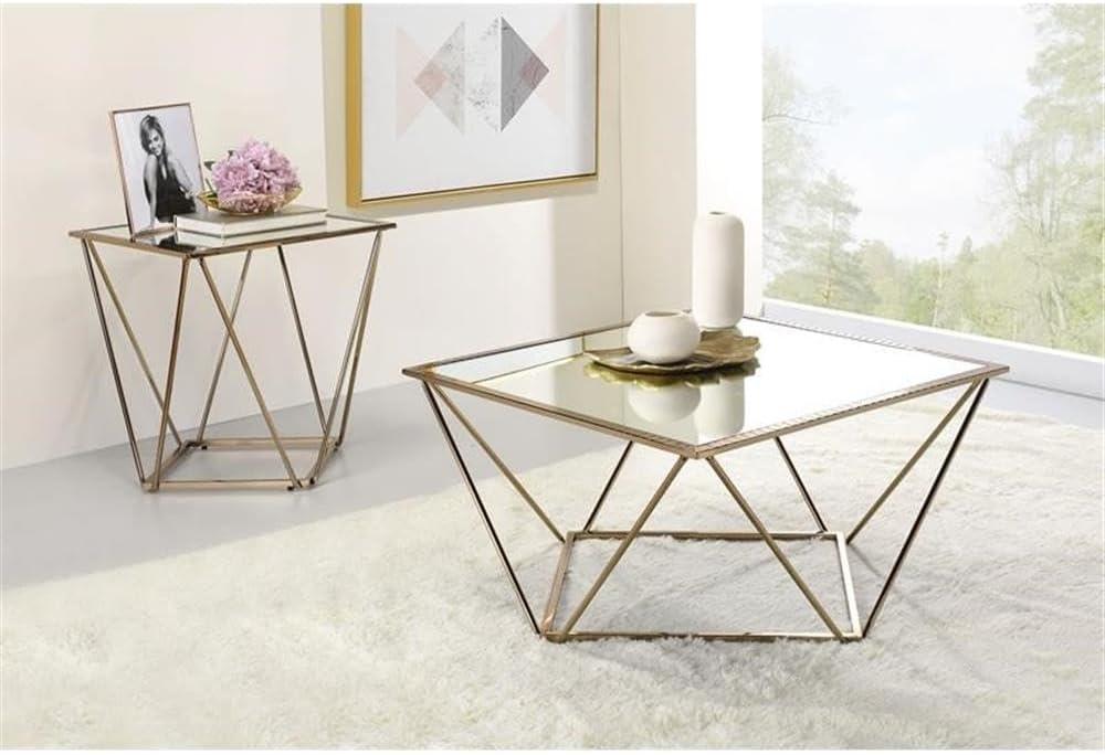 22" Fogya Mirrored Champagne Folding Table Gold Finish - Acme Furniture: No Assembly, Metal Frame, Clear Top