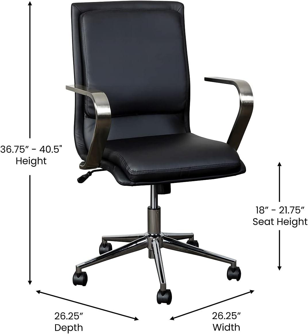 Modern Swivel Mid-Back Executive Chair in Brushed Chrome and Black Leather