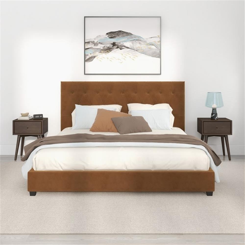 Elda Mid Century Modern Cognac Tan Velvet Upholstered King Platform Bed