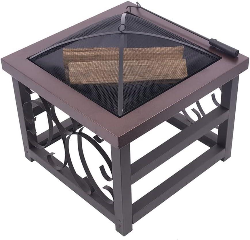 Blue Sky Outdoor Living 28” Square Raised Scroll Fire Pit with Log Grate, Spark Screen, and Lift, Tabletop-Style Steel Fire Pit, Bronze