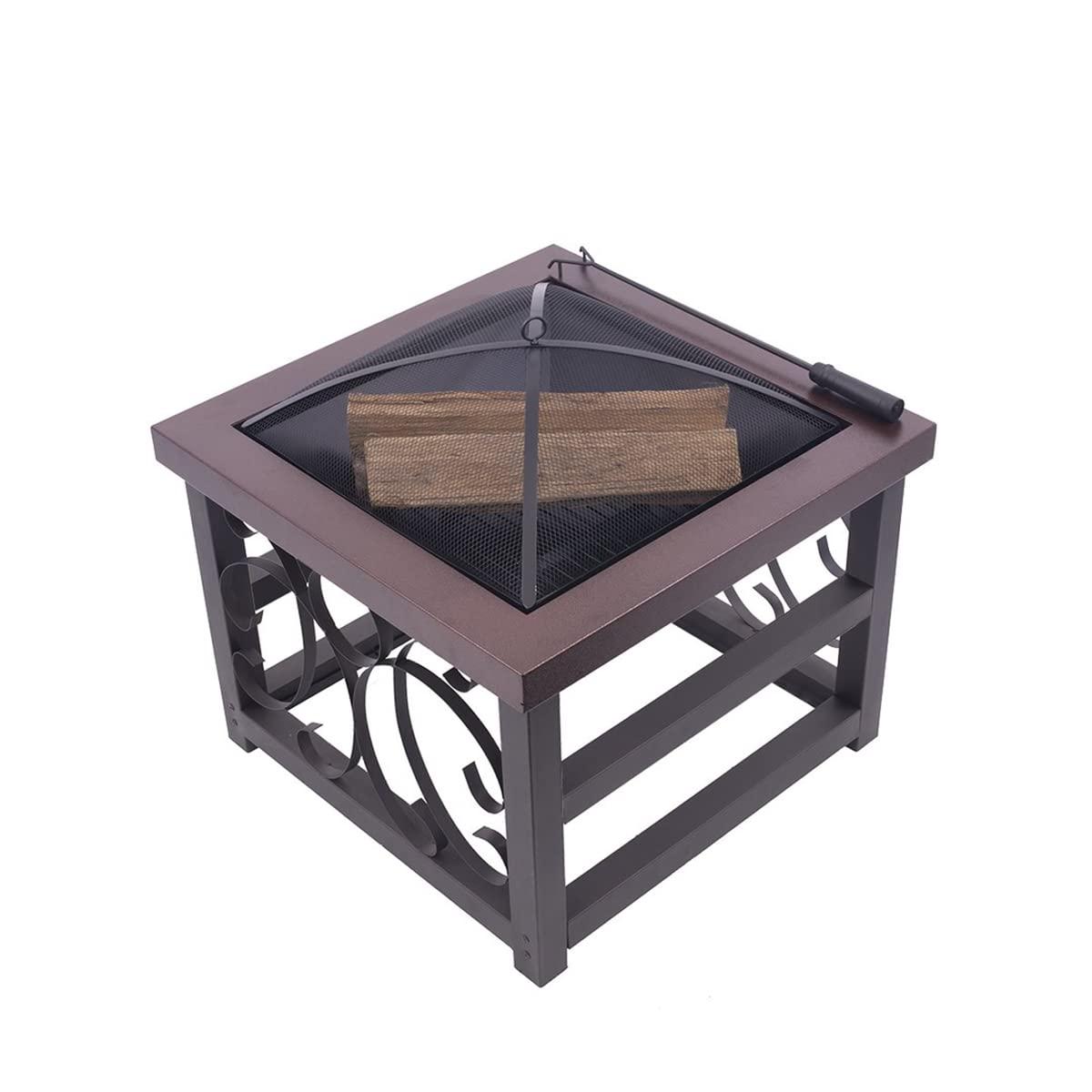 Blue Sky Outdoor Living 28” Square Raised Scroll Fire Pit with Log Grate, Spark Screen, and Lift, Tabletop-Style Steel Fire Pit, Bronze