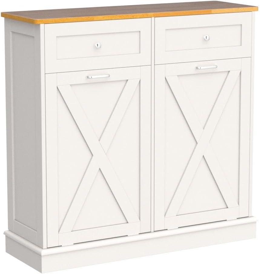 Tolead Double Tilt Out Trash Cabinet, Wooden Free Standing Laundry Sorter Cabinet, with Hideaway Drawer, White