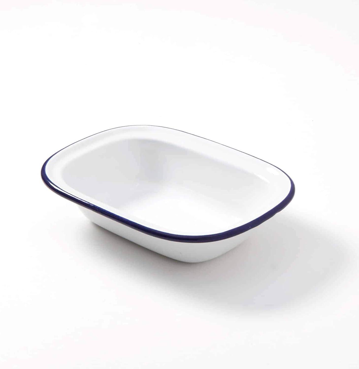 White and Blue Enamel Oblong Bowl, 16-Ounces