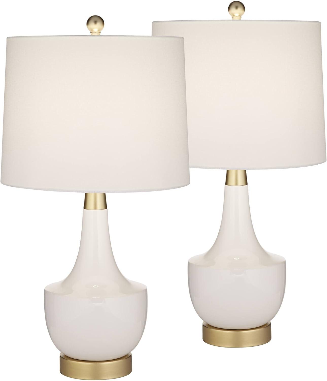 360 Lighting Nesbit 25" High Mid Century Modern Table Lamps Set of 2 USB Port White Gold Ceramic Metal Living Room Charging Bedroom Bedside Nightstand