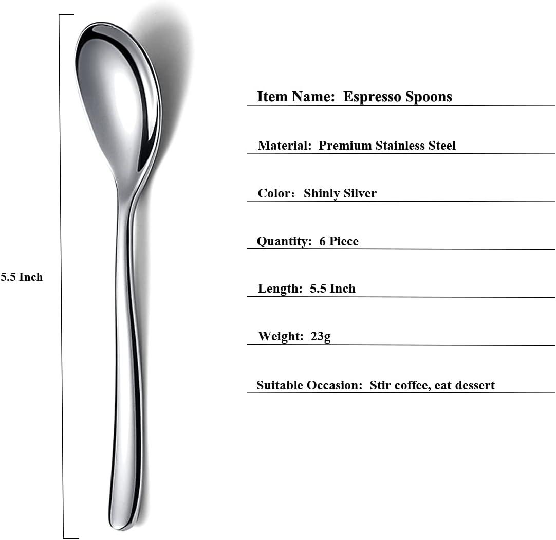 5.5'' Silver Stainless Steel Demitasse Espresso Spoons Set of 6