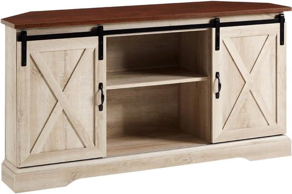 Traditional Brown and White Oak Corner TV Stand with Sliding Barn Doors