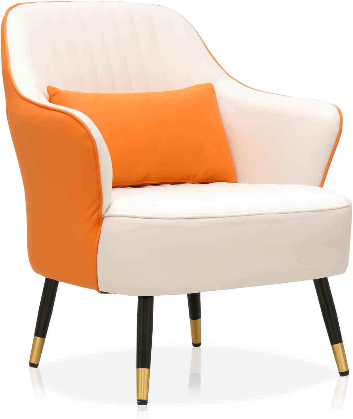 MoNiBloom Accent Chair with Pillow, Leathaire Upholstered Arm Chair Reading Chair, Modern Single Sofa Chair for Bedroom, Living Room, Orange