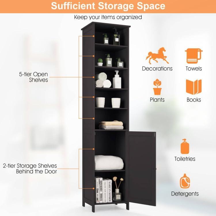 Brown Tall Slim Bathroom Storage Cabinet with Adjustable Shelves