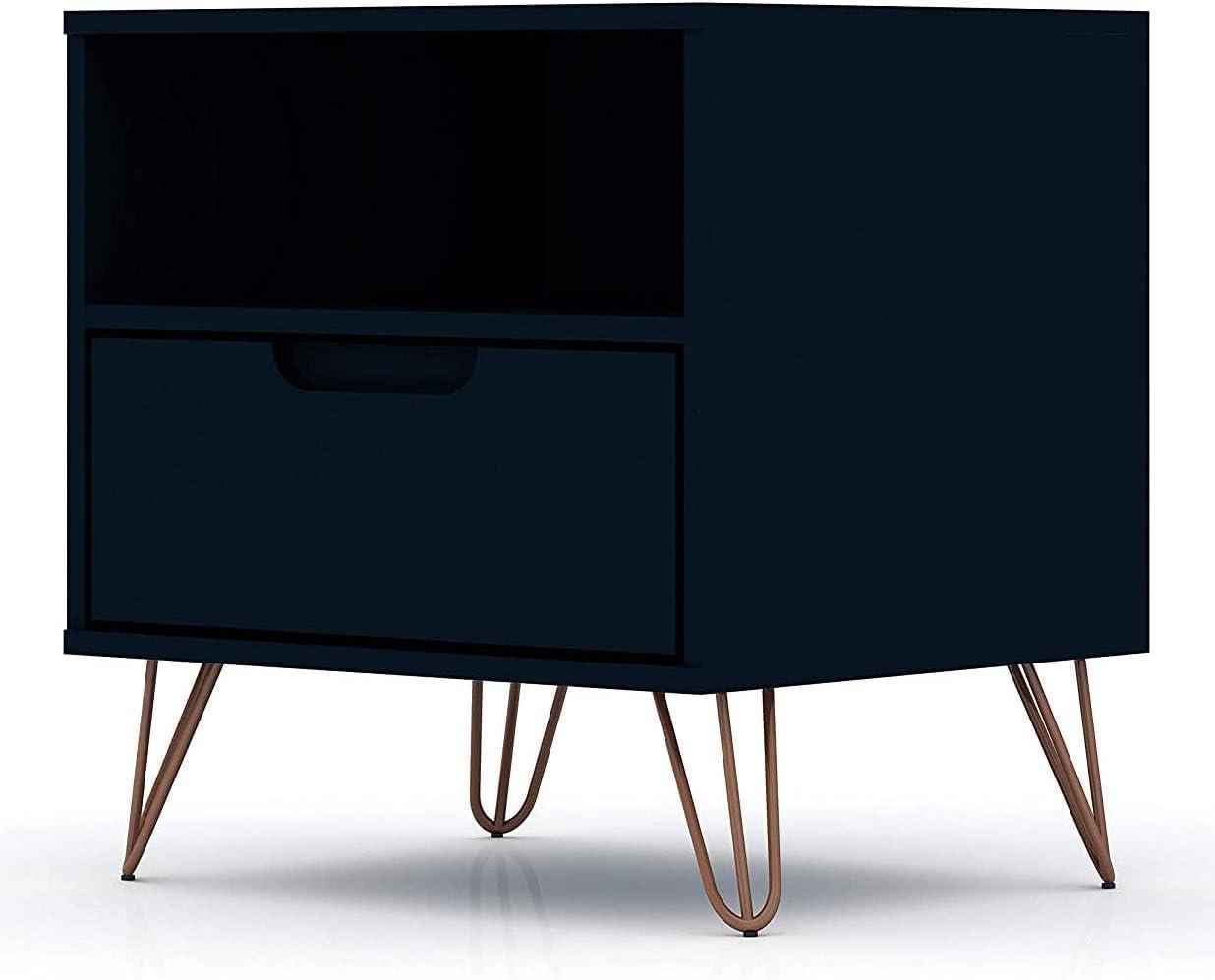 Manhattan Comfort 1.0 Rockefeller Nightstand Blue: Modern Bedside Table with Storage, Shelving & Metal Glides