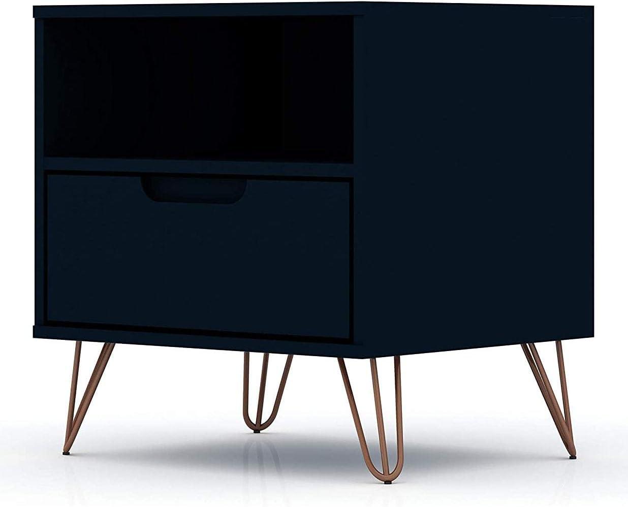 Manhattan Comfort 1.0 Rockefeller Nightstand Blue: Modern Bedside Table with Storage, Shelving & Metal Glides