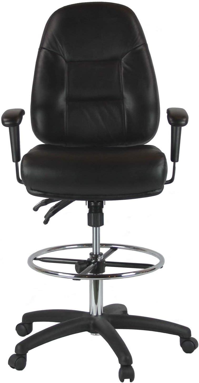 Adjustable Black Leather Drafting Chair with Swivel and Tilt