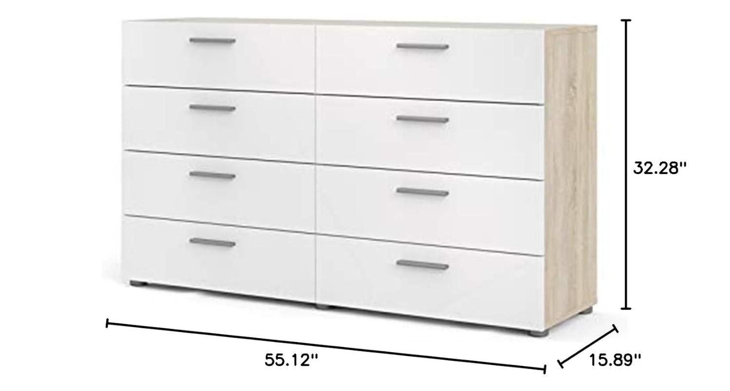 Tvilum Loft 8 Drawer Double Dresser for Adults, Oak Structure and White High Gloss