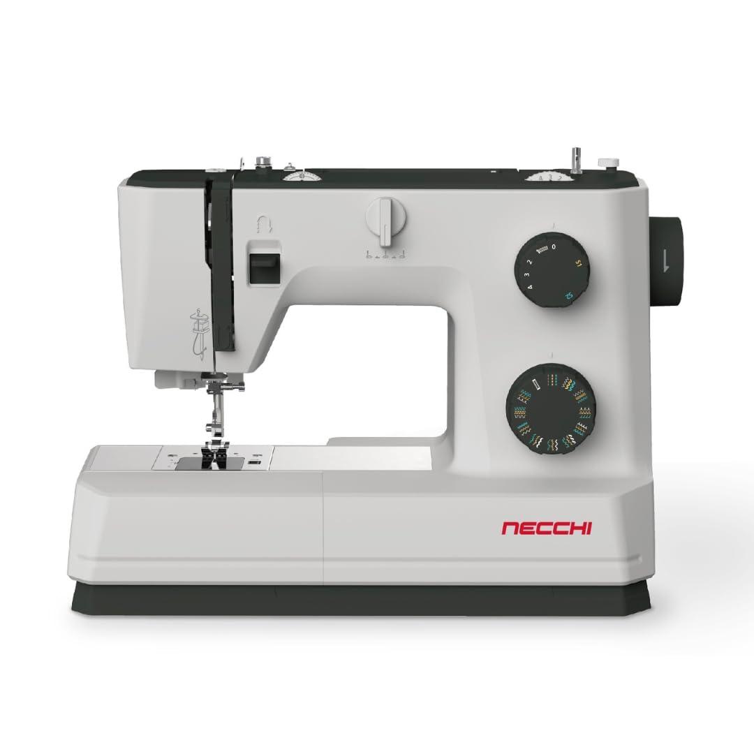 NECCHI Q132A Sewing Machine with Extension Table, Italian Designed, Stainless Steel Metal Bedplate, 32 Built-In Stitches, Accessory Kit Included.