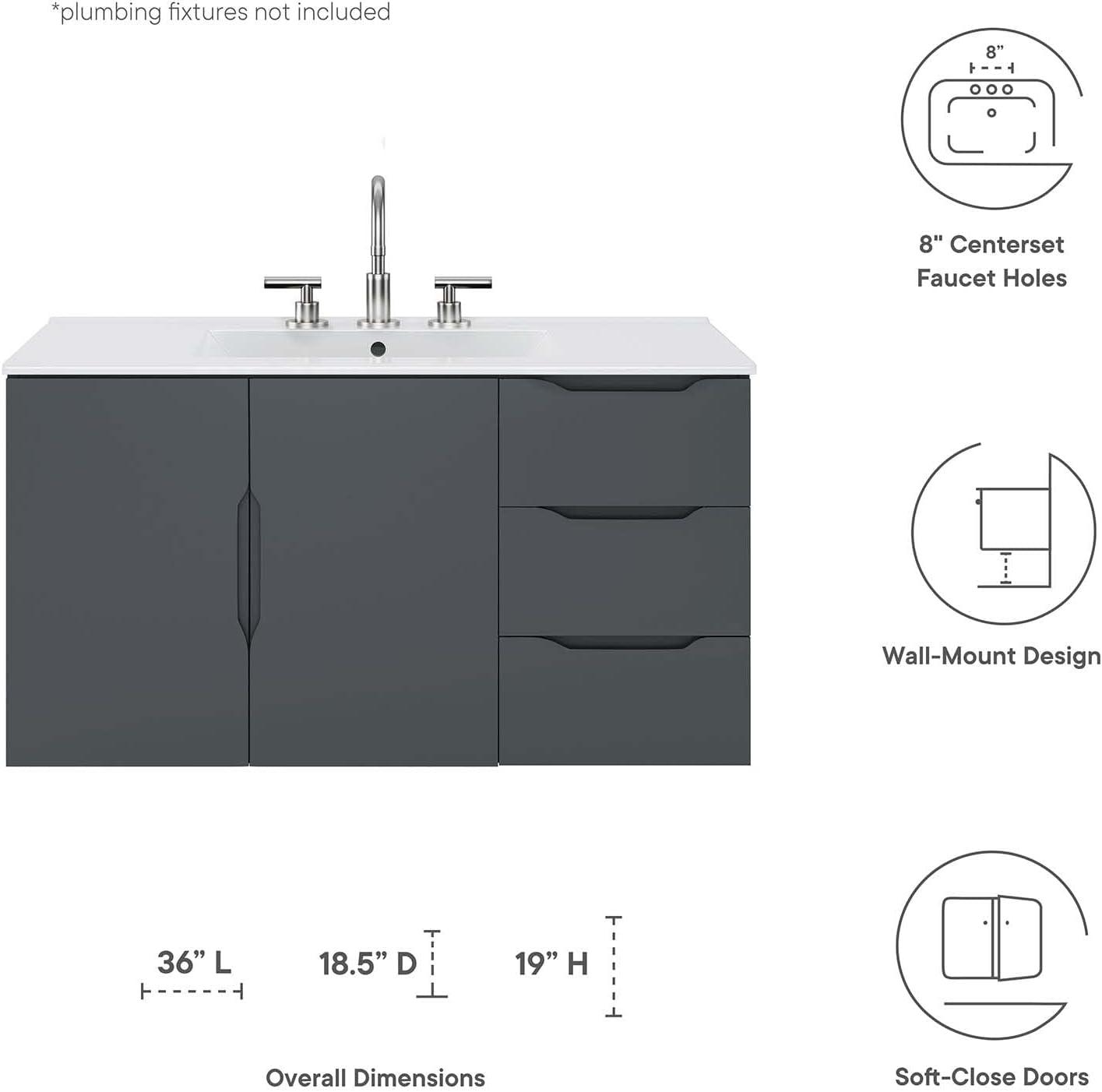 Sleek Gray and White 36" Wall-Mount Modern Bathroom Vanity