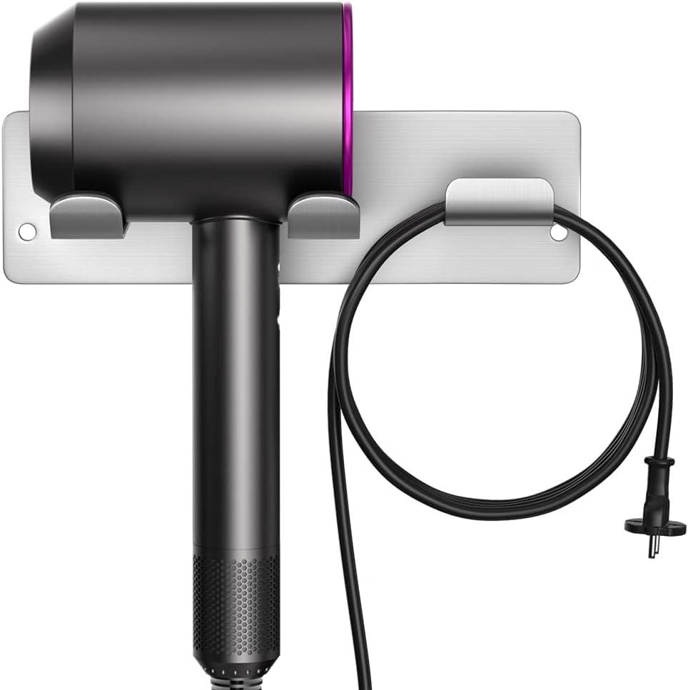 Hair Dryer Holder Wall Mount Compatible with Hair Dryer, 304 Stainless Steel Hair Dryer Blow Diffuser Holder Organizer Adhesive for The Bathroom, Silver