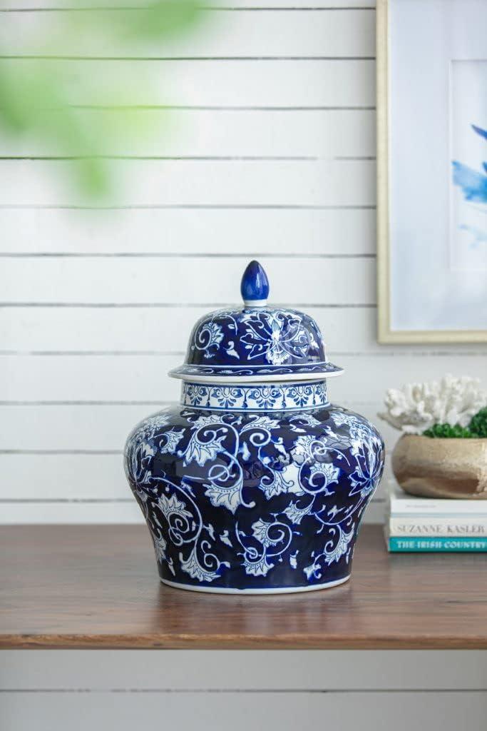 Blue and White Floral Porcelain Ginger Jar with Lid, 17 Inch