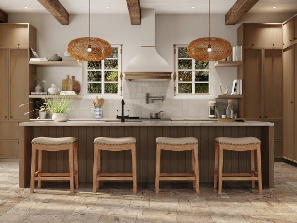 Maven Lane Adrien Saddle Kitchen Counter Stool in Weathered Oak w/ Avanti Bone Vegan Leather