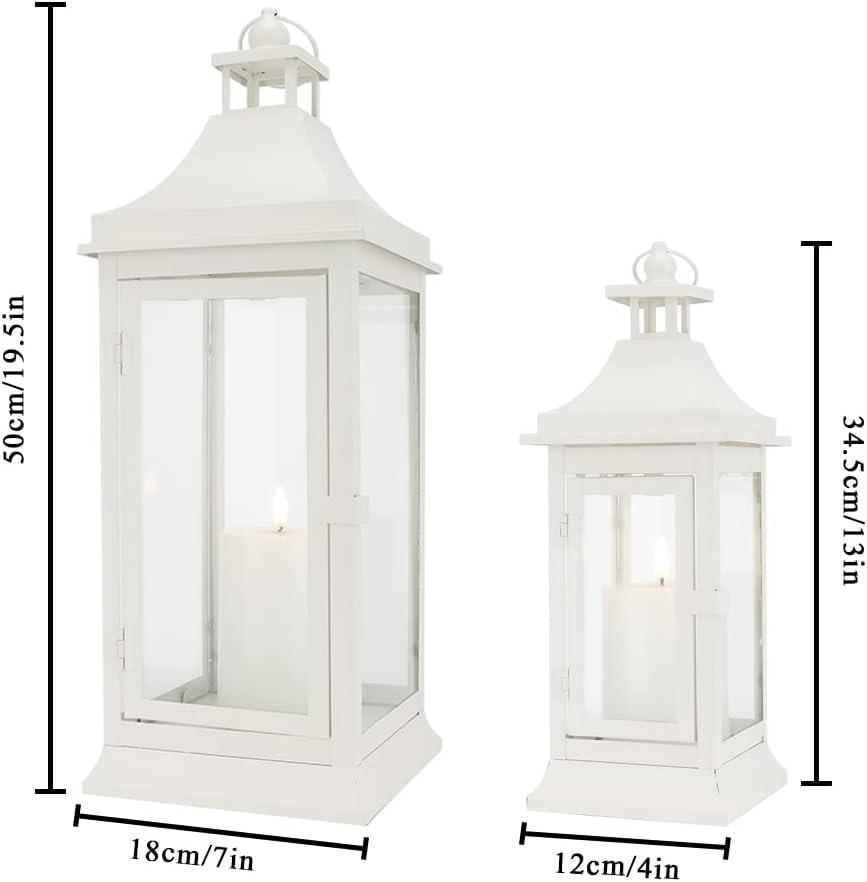 White Metal and Glass Tabletop Hanging Candle Lantern Set