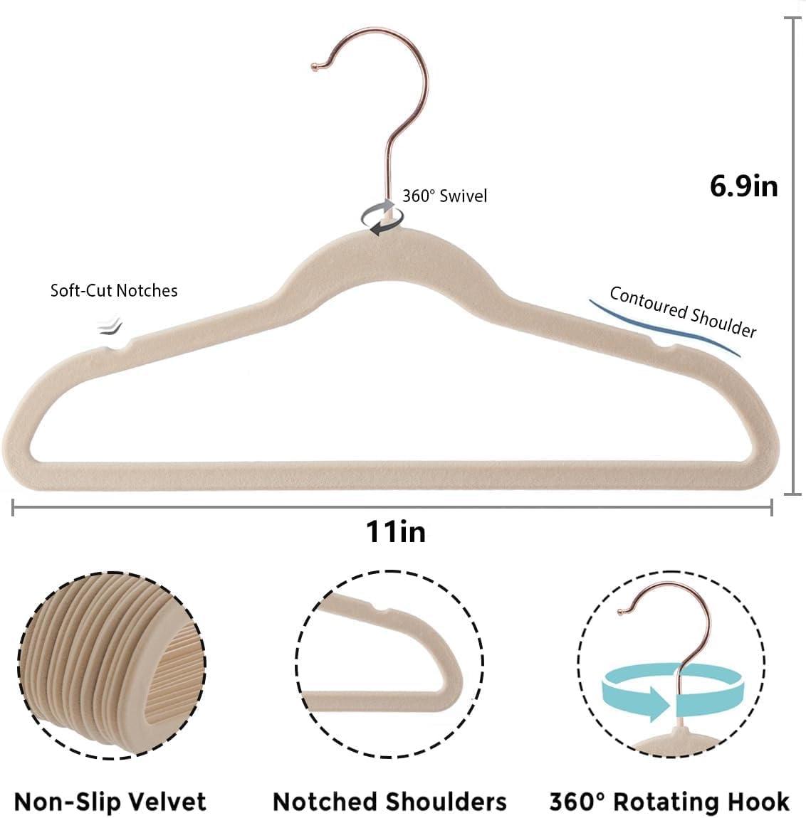 Beige Velvet Non-Slip Kids Hangers with Clips, 30-Pack