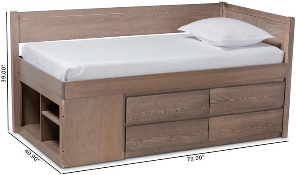 Twin 4 Drawer Levon Wood Storage Bed Antique Oak - Baxton Studio: MDF Frame, No Box Spring Needed