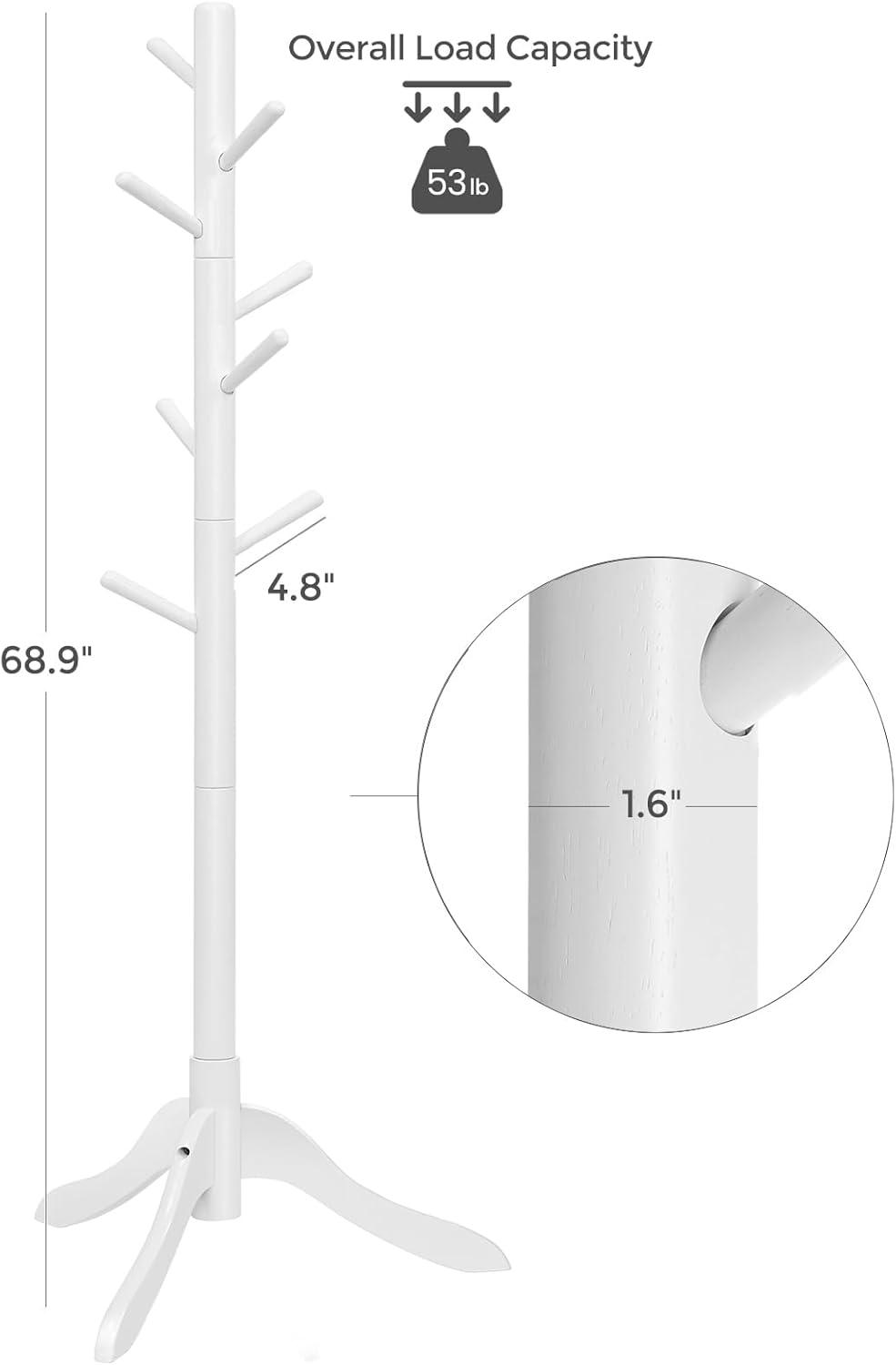 VASAGLE 8 Hooks Solid Wood Coat Rack Free Standing Coat Rack Tree-Shaped Coat Rack with 3 Height Options for Clothes Hats Bags for Living Room Bedroom Home Office White