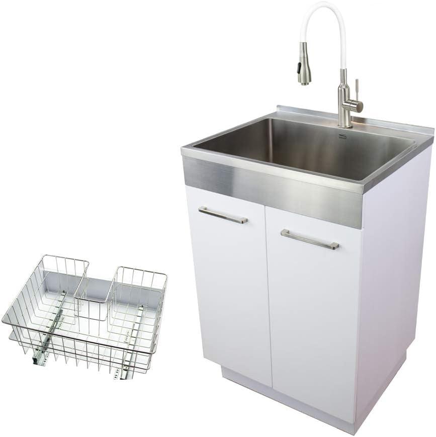 White Freestanding Farmhouse Laundry Cabinet with Stainless Steel Sink