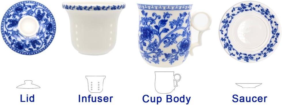 Porcelain Tea Cup with Infuser Lid and Saucer Sets - Chinese Jingdezhen Ceramics Coffee Mug Teacup Loose Leaf Tea Brewing System for Home Office