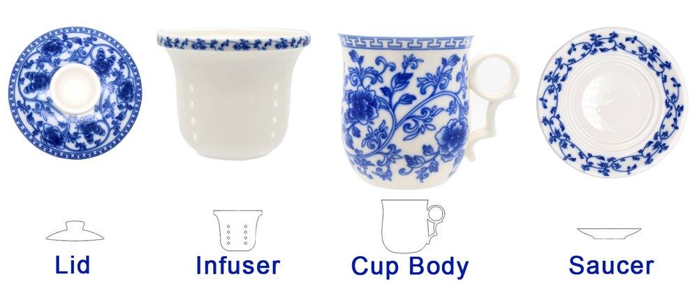 Porcelain Tea Cup with Infuser Lid and Saucer Sets - Chinese Jingdezhen Ceramics Coffee Mug Teacup Loose Leaf Tea Brewing System for Home Office