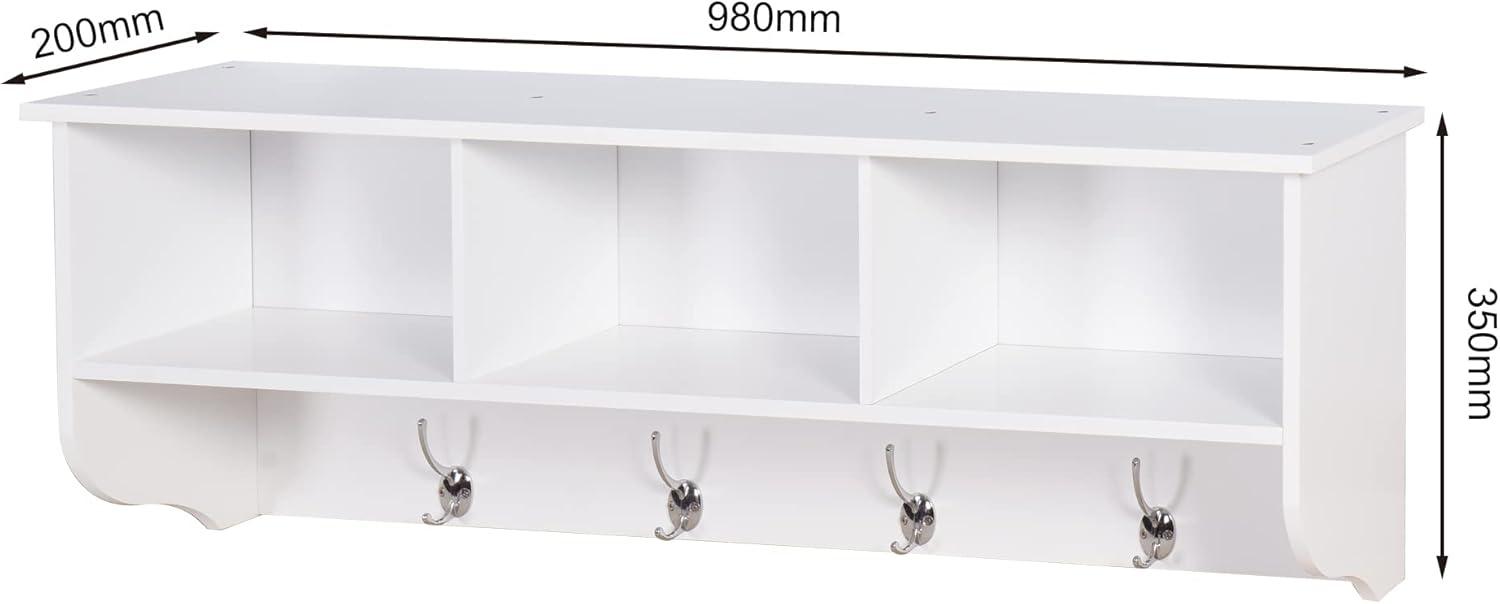 BaytoCare White Entryway Wall Mounted Coat Rack with 4 Dual Hooks Living Room Wooden Storage Shelf