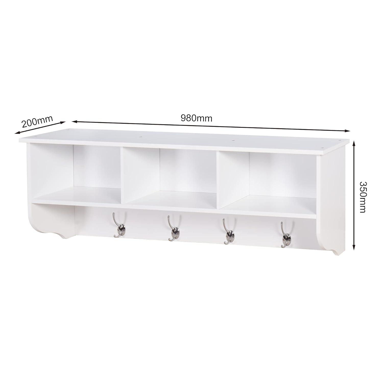 BaytoCare White Entryway Wall Mounted Coat Rack with 4 Dual Hooks Living Room Wooden Storage Shelf