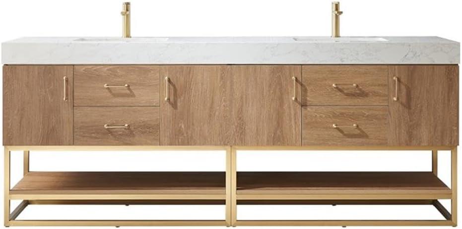 Vinnova Alistair 84" White Stone Top Oak Double Vanity Gold Frame w/o Mirror