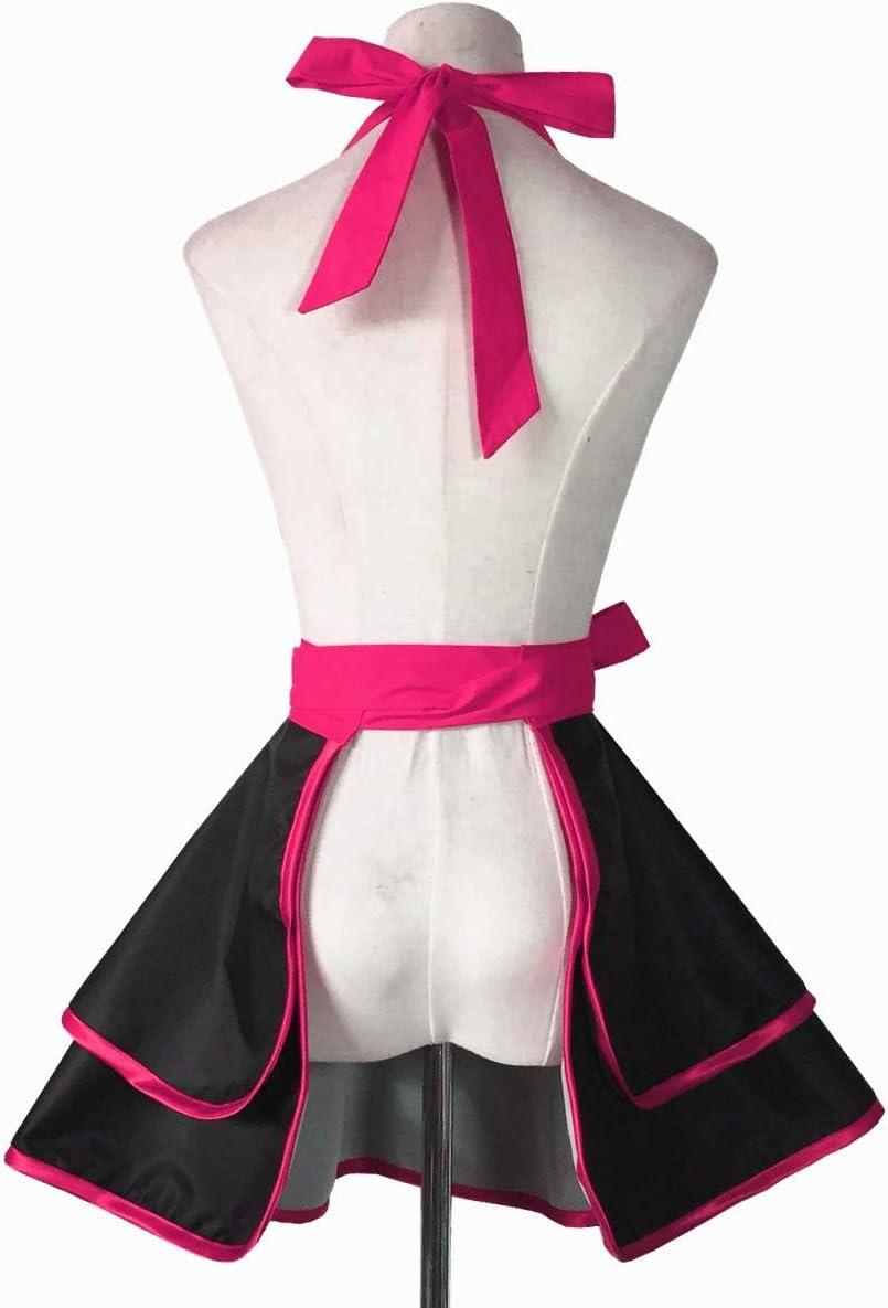 Hyzrz Lovely Handmade Cotton Retro Black Aprons for Women Girls Cake Kitchen Cook Apron for Mother's Gift (Red Rose)