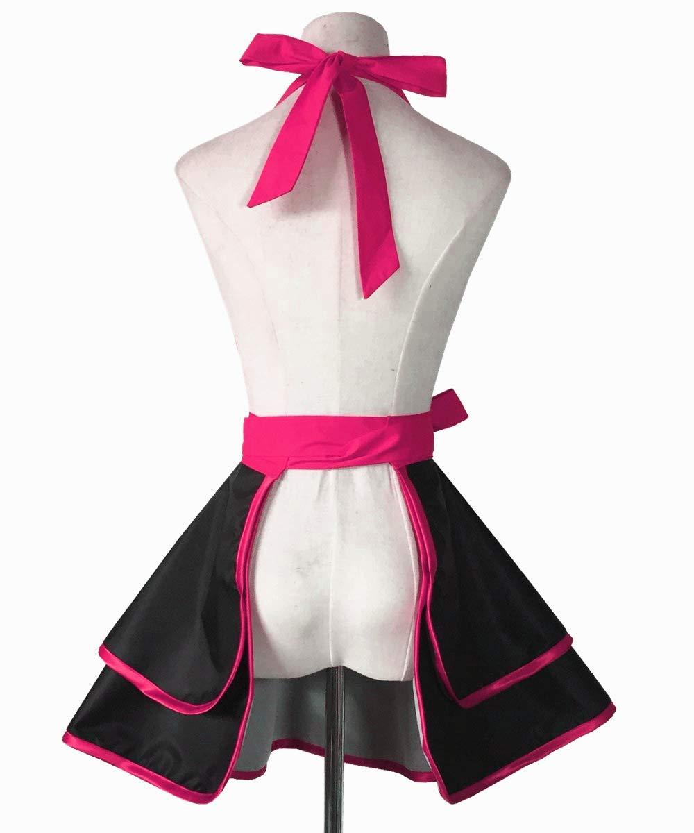 Hyzrz Lovely Handmade Cotton Retro Black Aprons for Women Girls Cake Kitchen Cook Apron for Mother's Gift (Red Rose)