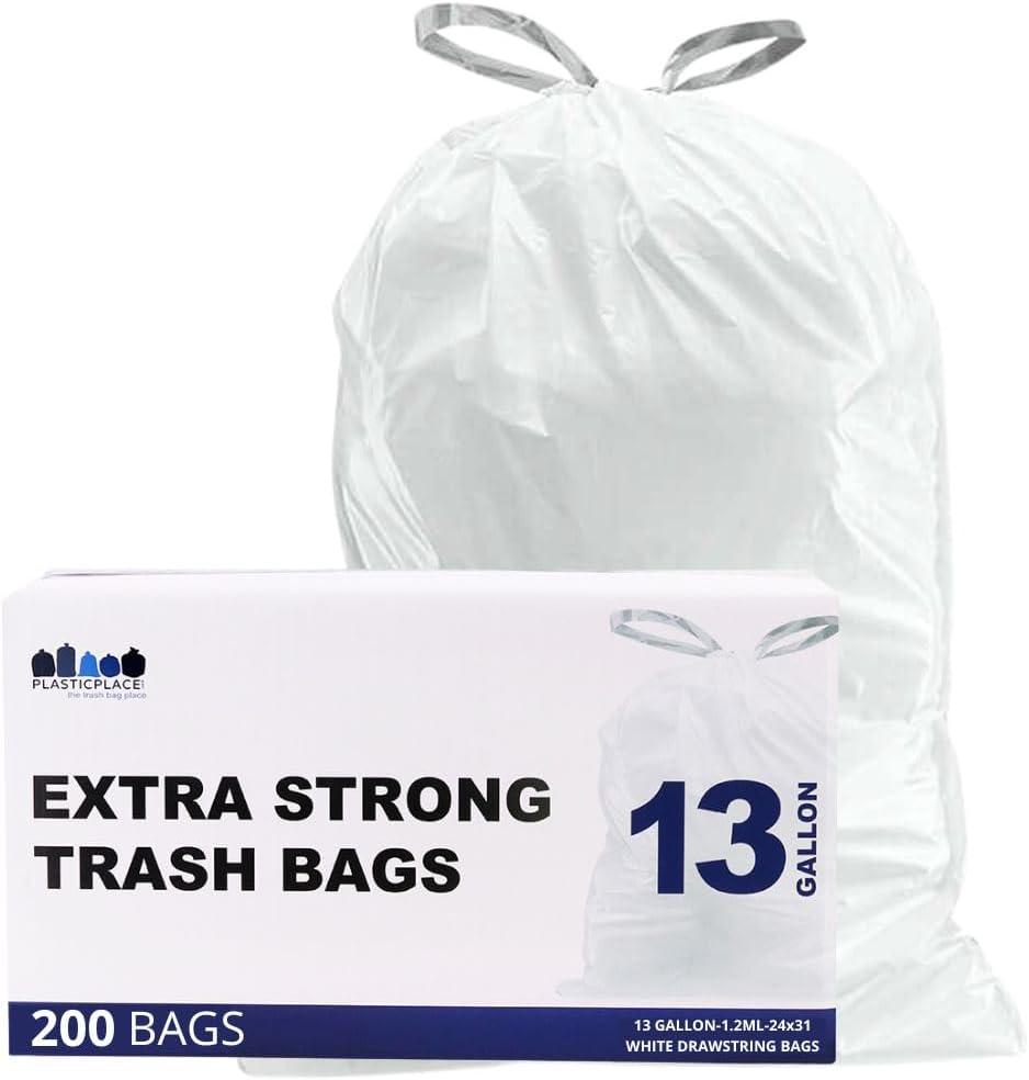 Plasticplace 13 Gallon Extra Tall Drawstring Kitchen Bags, 200 Count, White