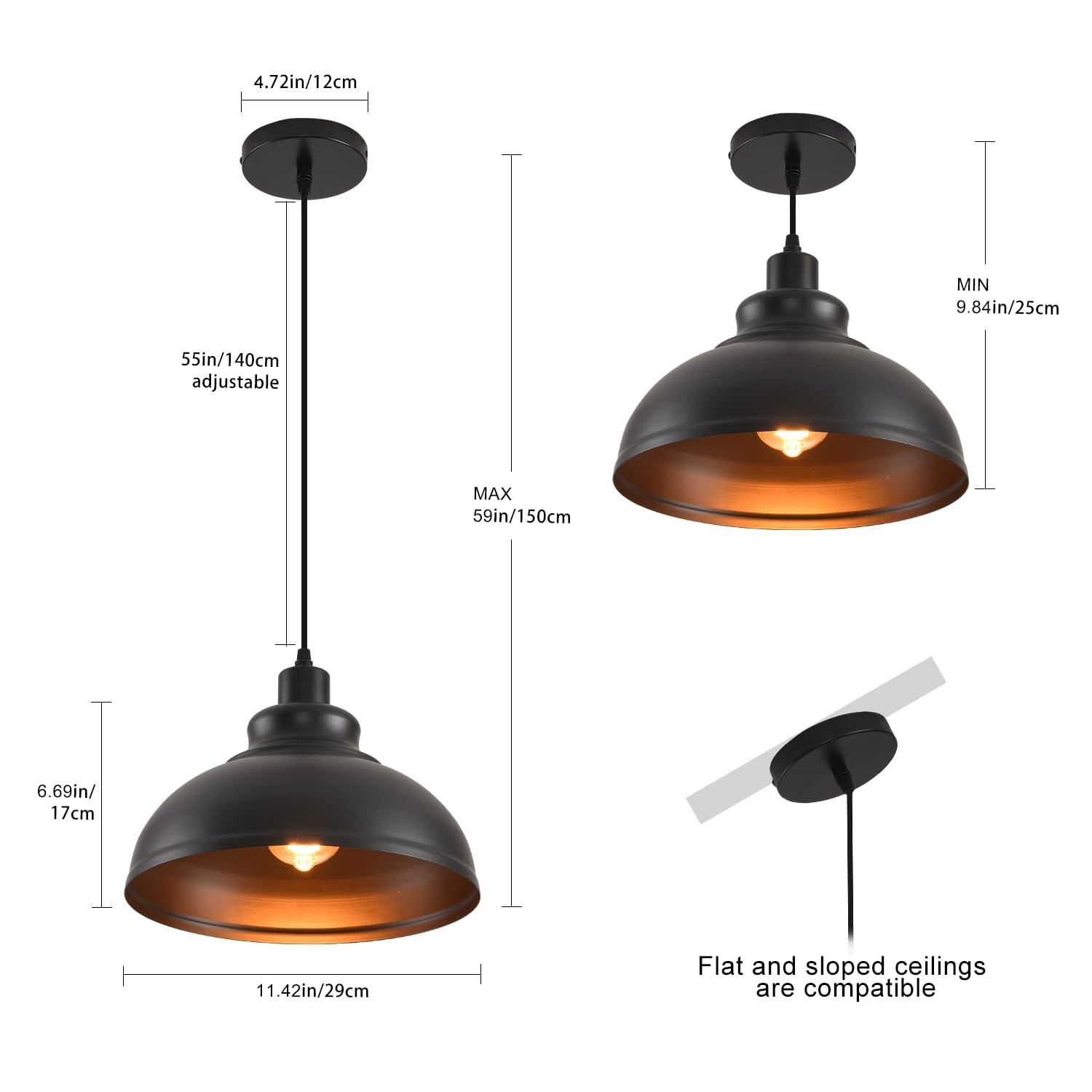 2-Pack Black Pendant Lights, 11.81'' Modern Pendant Lights Kitchen Island, Dome Large Pendant Light for Dining Room Foyer Bedroom Entryway Hallway Light Fixtures