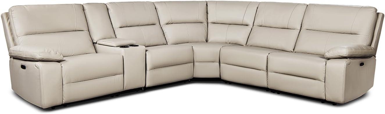 Jennifer Taylor Home Malibu 130" Modern Power Motion 6-Piece Reclining Corner Sectional with Cup Holders, Cream Taupe Beige Top Grain Leather