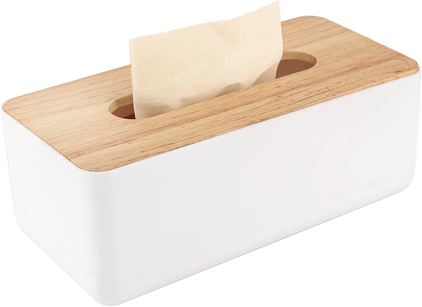 Large White and Wood Rectangular Tissue Box Holder