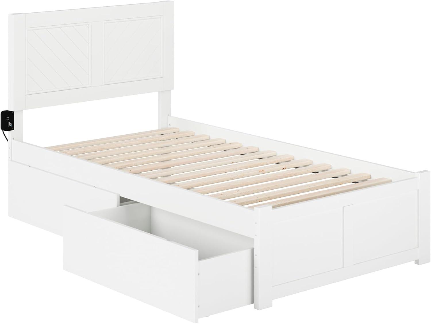 White Twin XL Wood Platform Bed with Chevron Headboard and Storage Drawers